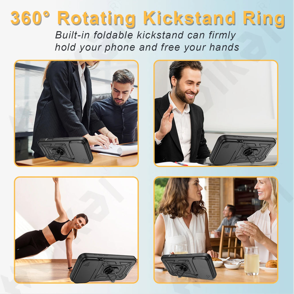 iPhone 15/16/17 Pro, XS Max, XR Case with Camera Lens Protection, Ring Stand, and Shockproof TPU Armor