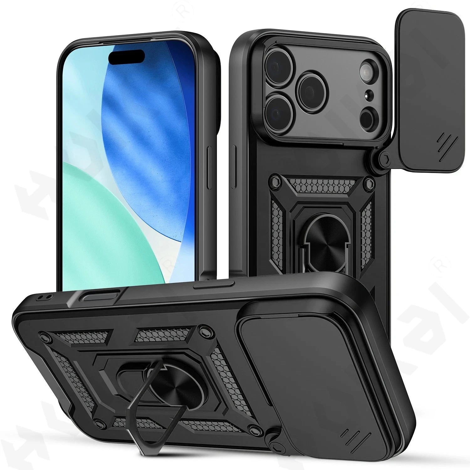 iPhone 15/16/17 Pro, XS Max, XR Case with Camera Lens Protection, Ring Stand, and Shockproof TPU Armor