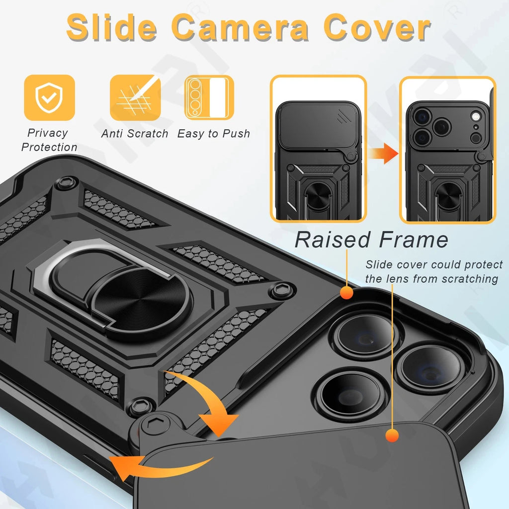 iPhone 15/16/17 Pro, XS Max, XR Case with Camera Lens Protection, Ring Stand, and Shockproof TPU Armor