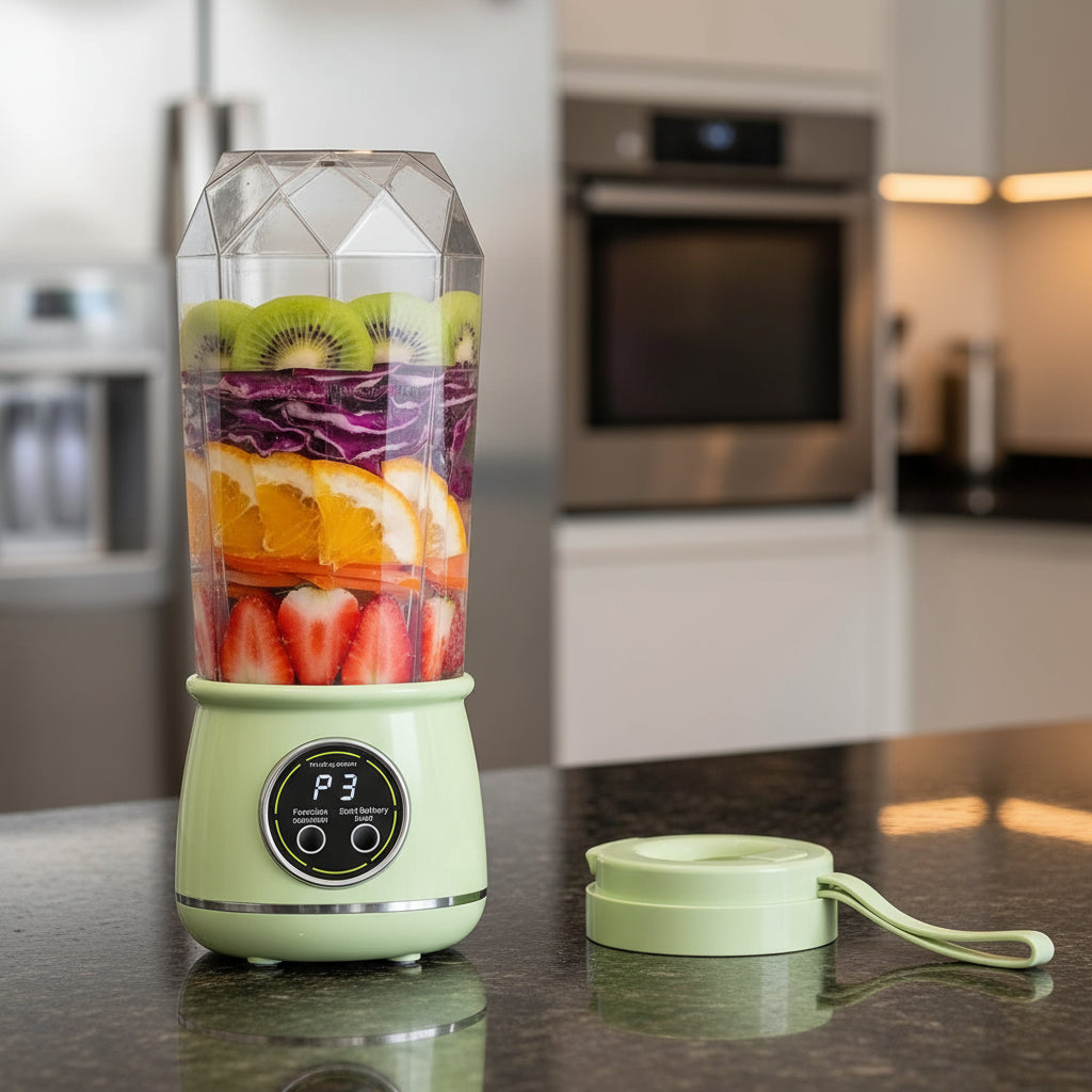 Green portable blender with fruits inside on a white background