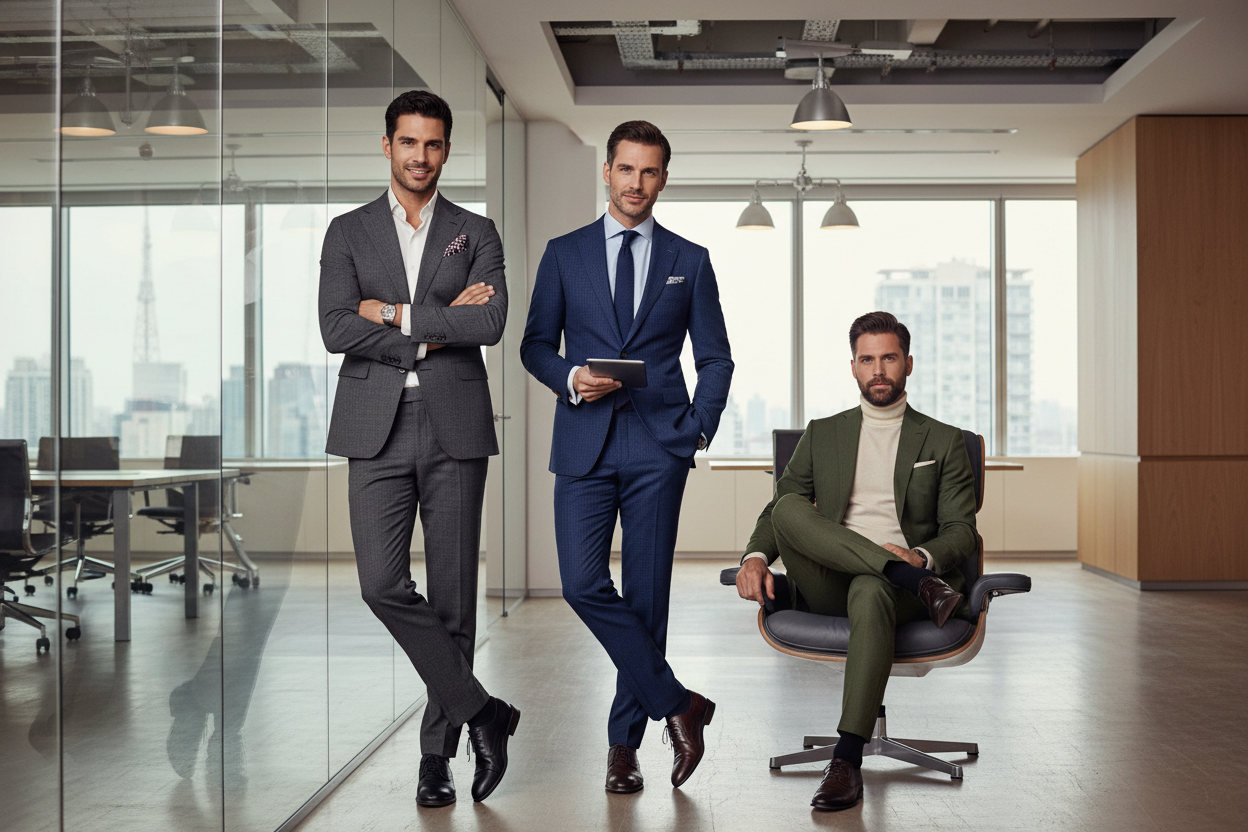 Three professional men in designer suits in a modern corporate workspace, relaxed but confident stance, natural expressions, lifestyle menswear campaign, bright clean lighting, ultra-detailed, realistic commercial photography